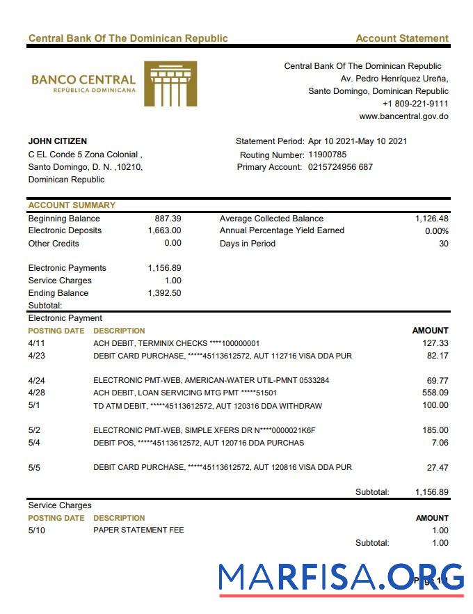 Blank Dominican Republic Central Bank Of The Dominican Republic bank statement excel real example